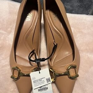 Zara Beige Leather Flats with Gold Detail